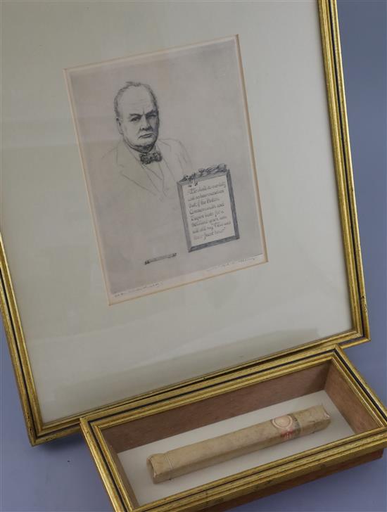 Sir Winston Churchill: A cigar by J Cuerta in bespoke box frame with etched portrait by Wilfred Appleby and HOC letter of authenticity